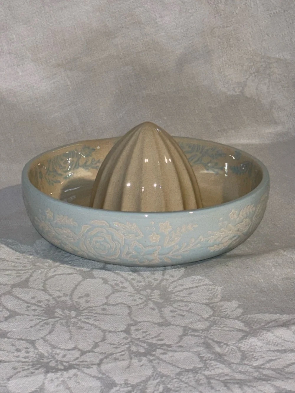 Vintage Pastel Blue Ceramic Citrus Juicer Rose Floral Cottagecore Reamer